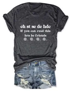 Close-up detail of dark grey heather crochet funny slogan short sleeve t-shirt design.