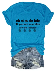 Blue short sleeve t-shirt with funny crochet text print, casual round neck top for women.