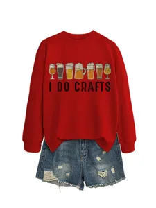 Women long sleeve red sweatshirt with beer glasses graphic and denim shorts outfit set.