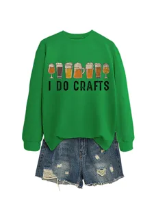 Green crewneck sweatshirt with beer graphic and crafts text paired with denim shorts set.