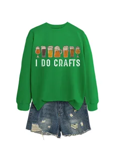 Women's green graphic sweatshirt with funny beer glasses and denim shorts set for autumn.