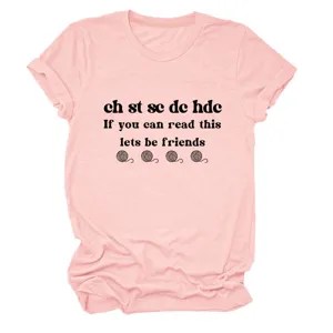 Pink crochet lover t-shirt detail showing funny text print and casual short sleeve design.
