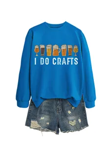 Women casual blue sweatshirt with cute beer glasses graphic print long sleeve top stylish streetwear