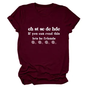 Close-up detail of women short sleeve t-shirt with funny crochet knitting quote print.