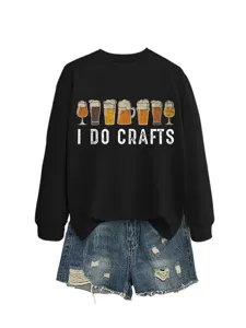Casual black crewneck sweatshirt featuring funny beer graphic and craft lettering detail view.