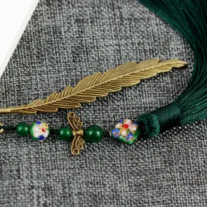 Vintage metal bookmark with green tassel feather cloisonne beads Chinese style DIY hair accessory
