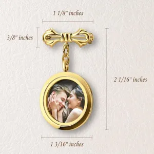 Detail view of gold locket brooch with bow top and photo frame pendant, clear dimension layout.