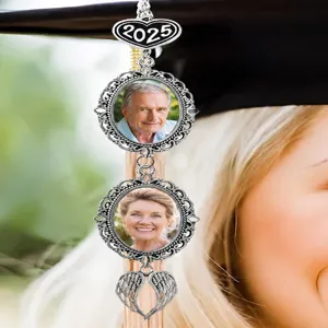 Custom photo graduation cap charm pendant with double oval frames and 2025 heart top.