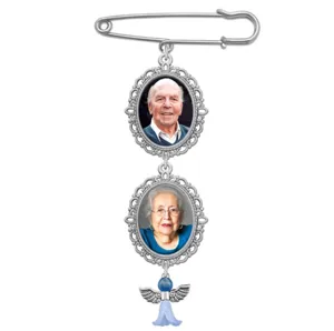 DIY double photo frame brooch pin with memorial pendant, custom silver memory jewelry gift.