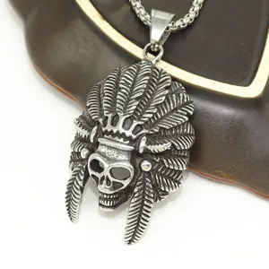 Stainless steel gothic skull pendant detail close-up, retro punk men necklace charm.