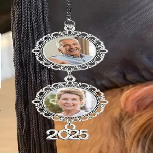 Custom memorial graduation photo tassel charm with dual oval bezel trays and 2025 year pendant.