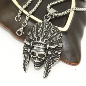 Stainless steel skull feather headdress pendant necklace detail view, vintage men punk jewelry.