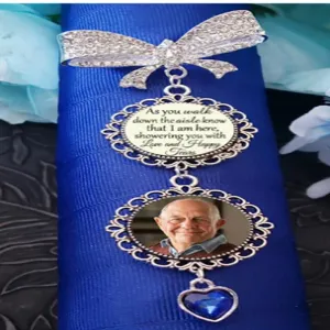 Wedding memorial bouquet charm brooch with rhinestone bow photo pendant and engraved text message.