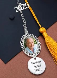 Custom graduation photo charm with 2025 year tag and memorial engraved pendant for cap.