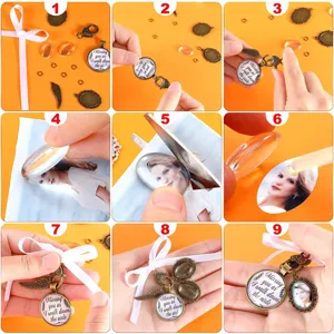 DIY wedding bouquet photo charm locket making kit with ribbon and glass cabochon pendant.