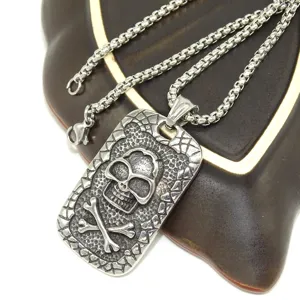 Stainless steel skull crossbones dog tag pendant necklace with box chain gothic jewelry details