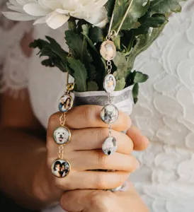 Custom wedding bouquet photo charm memory pin, elegant bridal keepsake pendant for special day.
