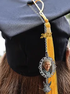 Custom graduation cap tassel charm with photo frame, 2024 year and angel pendant for grads.