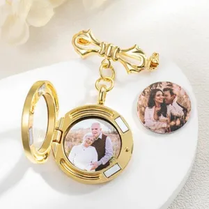 Exquisite golden butterfly locket brooch main view, custom photo frame pin for gifts.