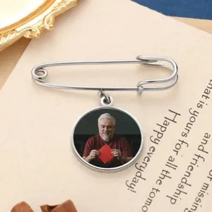 Custom photo time gem safety pin brooch detail, personalized metal charm pendant accessory.