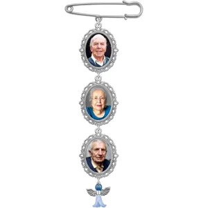 DIY memory photo brooch pin with three oval vintage frames and angel charm for bouquet.