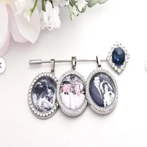 DIY memory photo brooch pin with three round crystal frames and blue rhinestone charm for wedding.