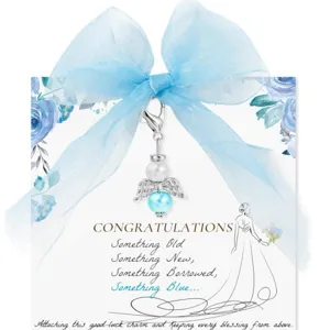 Bridal blue pearl guardian angel charm pendant with wedding blessing card and bow accessory