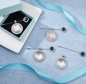 DIY brooch blank pin tray with rhinestone border and crystal glass photo setting for custom jewelry crafting