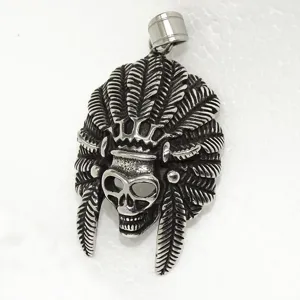 Stainless steel Indian skull pendant detail, rock hip hop Gothic necklace accessory for men.