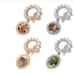 Vintage Alloy Rhinestone Artificial Pearl Butterfly Photo Frame Brooch Pin Wedding Jewelry