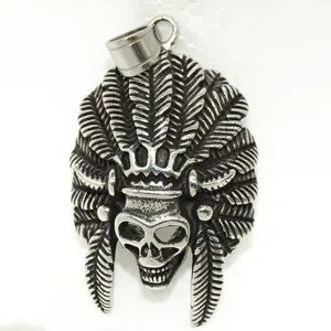 Stainless steel pendant close-up, punk rock retro Indian skull feather necklace accessory for men.