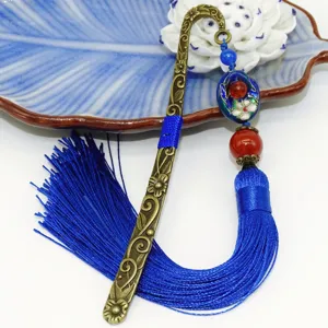 Chinesischer Stil Vintage Metall Lesezeichen mit blauen Quasten und Cloisonne Perle