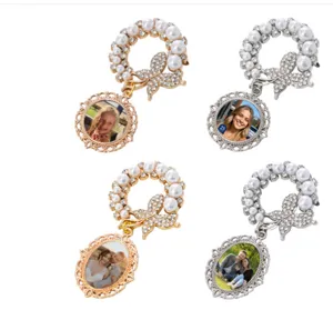 Custom photo brooch pin featuring a pearl rhinestone butterfly design and metal frame.