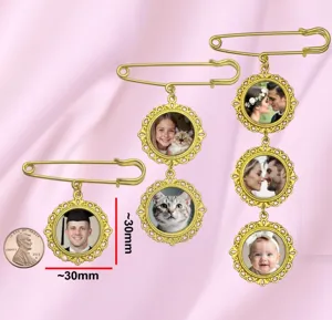Custom photo brooch pendant alloy pin detail view showing personalized memory jewelry designs.