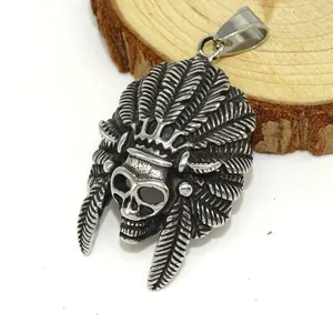 Stainless steel skull pendant detail, rock hip-hop Indian mask necklace for men.