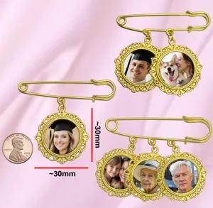 DIY custom photo brooch pin gold alloy round locket memory pendant gift badge 30mm