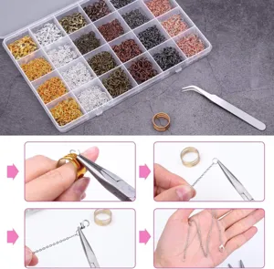 DIY jewelry making supplies kit with jump rings, lobster clasps, and opening tool.