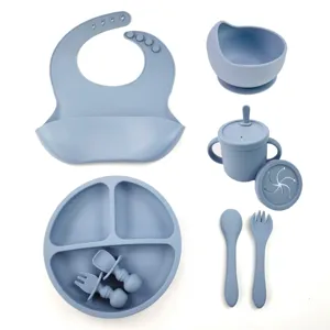 Baby Feeding Set Silicone Suction Bowl Divided Plate Bib Spoon Cup Infant Tableware