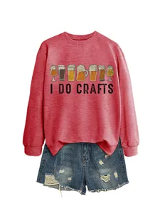 Women casual red long sleeve sweatshirt featuring funny beer glasses graphic and letter print top.