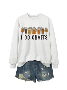 Casual grey long sleeve sweatshirt paired with denim shorts, featuring beer graphic and slogan.