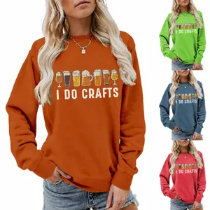 Women Casual Round Neck Sweatshirt Funny Beer Mugs Graphic Print Letter Long Sleeve Pullover Cotton Loose Sweatshirt Top