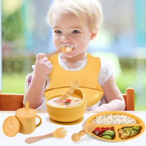 Baby silicone feeding set with divided plate bowl spoon cup and bib for toddlers.