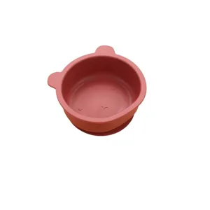 Silicone baby suction bowl with cute bear ears, infant feeding bowl in red pink color.