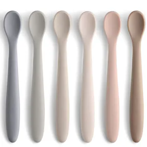 Set of 6 silicone baby spoons, soft training feeding spoons for toddlers in assorted colors.