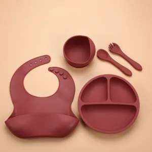 Silicone baby feeding set 5pcs, toddler suction bowl and divided plate with bib, spoon, fork.