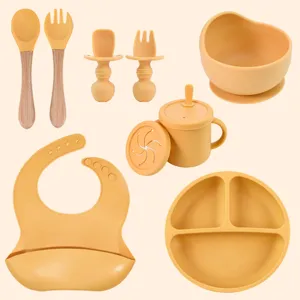 Baby silicone tableware set infant feeding plate bowl bib cup fork spoon yellow main image