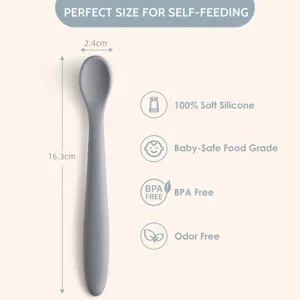 Silicone baby training spoon, soft food-grade material, safe and BPA free, 16.3cm.