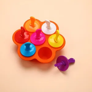 Silicone 7-hole ice pop mold, colorful DIY baby food maker with handles for home use detail shot.