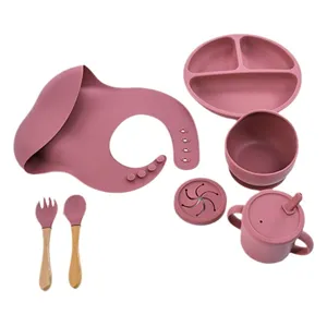 Silicone baby feeding set with divided plate bib spoon fork and straw cup for toddlers