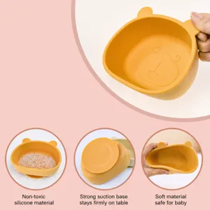 Silicone baby feeding bowl detail view, platinum silicone material, soft bear ears.